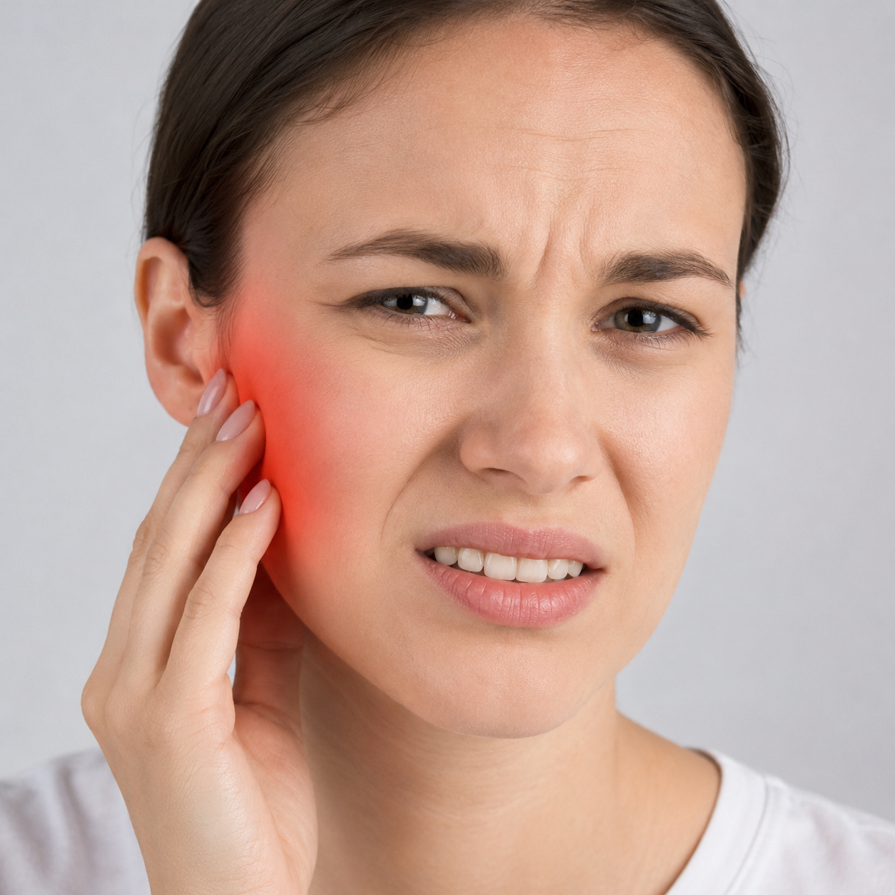 Woman with TMJ discomfort and pain that can be resolved with photobiomodulation (PBM) therapy and other TMJ assessments